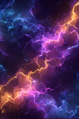 Vibrant cosmic storm with swirling clouds and lightning illuminating the night sky
