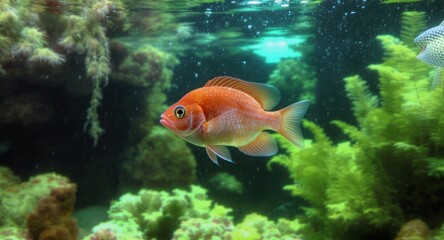 Orange fish swims in reef with green algae in clear water