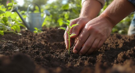 Person planting a seedling in dark soil with a watering can nearby