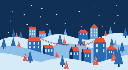 Winter holiday town scene with snow and christmas decorations