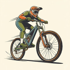 Obraz premium Dynamic illustration of a skilled mountain biker in full protective gear, racing downhill with incredible speed and focus on an exciting off-road trail