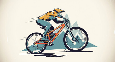 Fototapeta premium Dynamic illustration of a mountain biker racing downhill on a rugged trail, capturing the thrill of extreme sports against a mountain landscape