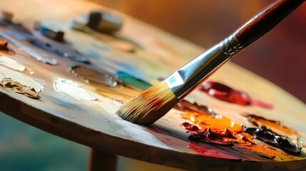 Obraz premium Vibrant paint palette and brush captured during an artistic session in a cozy studio environment