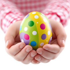 Child holding decorated easter egg isolated with transparent background