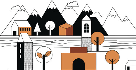 Illustrated landscape with mountains houses and trees vector
