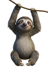 Obraz premium Illustration of a happy cartoon sloth hanging from a branch with its arms, smiling, isolated on transparent background