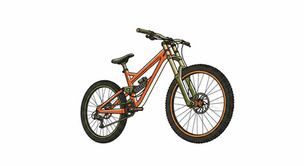 Fototapeta premium Modern orange downhill mountain bike with a full suspension system. A concept of extreme cycling, outdoor adventure, and recreational activity