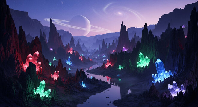 A mesmerizing alien vista featuring glowing crystals along a winding river beneath a ringed planet and starry sky, evoking a sense of wonder and exploration