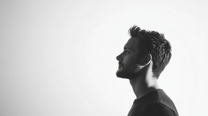 Profile of a young man against a minimalistic background in a studio setting during a creative photoshoot