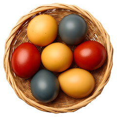 Colorful easter eggs in woven basket on transparent background