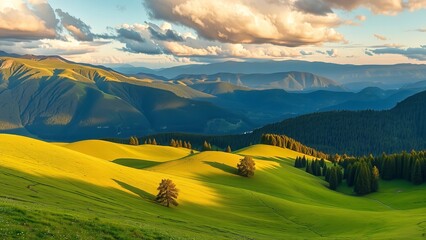 Obraz premium Rolling Green Hills and Distant Mountains Under a Cloudy Sky At Golden Hour Glow