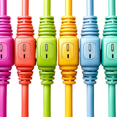 Colorful electrical plugs and cords against a transparent background