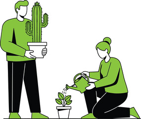 Couple gardening together growing plants and cactus at home art