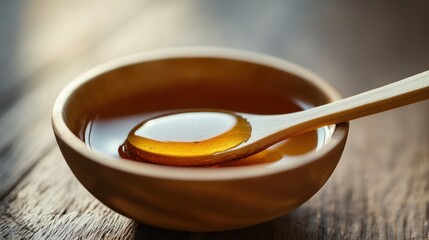 Close-up of honey in wooden bowl with spoon on rustic surface
