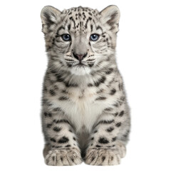 Fototapeta premium A frontal portrait of a snow leopard cub with beautiful blue eyes, set against a black background