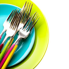Colorful plates and forks arrangement against transparent background