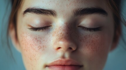 Young girl with freckles eyes closed in calm expression during peaceful moment indoors