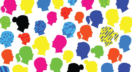 Colorful diverse faces silhouette group head vector graphic