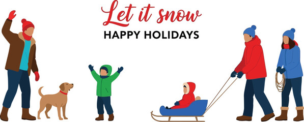 Happy holidays family winter snow activities vector illustration