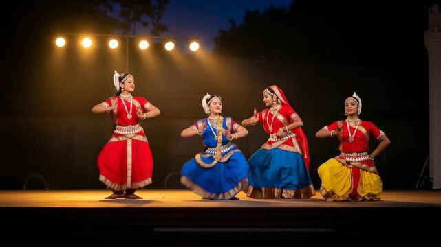 Colorful Traditional Indian Dance Performance on Stage Celebrating Krishna, Radha, and Janmashtami Radhashtami Lathmar Holi Jhulan Yatra Raas Leela Sharad Purnima Govardhan Puja Festivals Gracefully