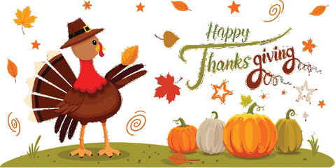 Celebrate Thanksgiving with this fun cartoon turkey and pumpkin harvest scene, perfect for festive cards and invitations for autumn gatherings