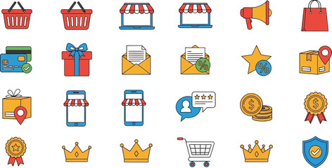 Vibrant collection of e-commerce and shopping icons representing online retail and digital transactions