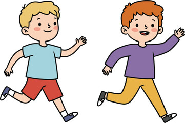 Happy cartoon boys running and playing together, cheerful kids illustration, childhood fun, friendship and outdoor activity concept, colorful vector design