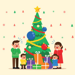 Shocked Family Reacting to a Surprise by the Christmas Tree