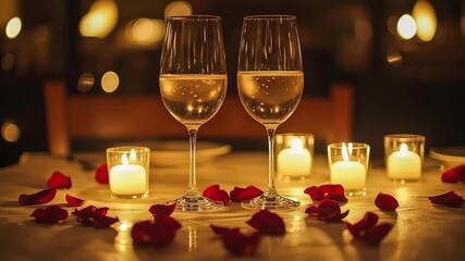 Romantic dinner table candlelight wine glass rose petal bokeh warm glow cozy ambiance intimate celebration evening luxury warmth - Powered by Adobe