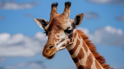 Obraz premium Graceful giraffe portrait with stunning blue skies creates a sense of wonder and adventure, perfect for wildlife enthusiasts and travel publications