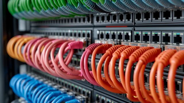 Colorful network cable ethernet switch server rack data center wiring patch panel infrastructure technology connectivity communication internet