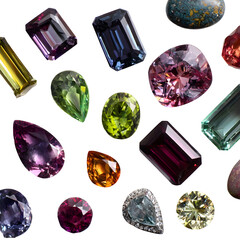 Collection of colorful gemstones on transparent background
