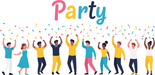 Celebration party vector illustration with confetti and people