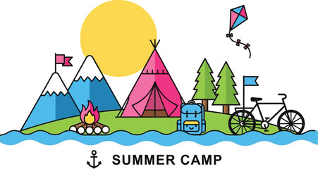 Summer camp adventure vector illustration for outdoor fun