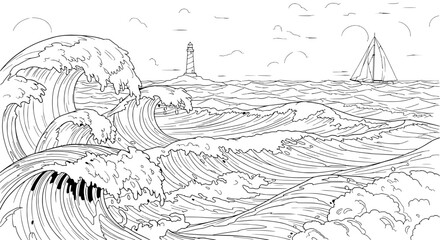 Obraz premium Oceanic Majesty: A sweeping panorama unveils the raw power and beauty of the open ocean, with towering waves, a distant lighthouse, and a lone sailboat navigating the sea.