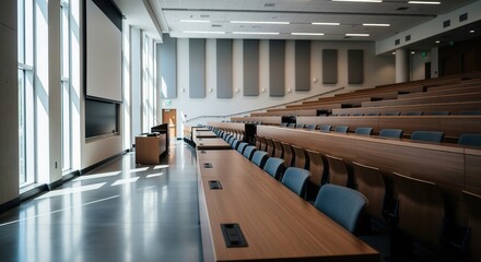 Empty modern university lecture hall classroom with tiered seating and bright sunlight