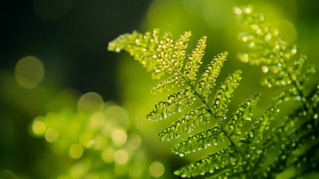 Close up of green fern leaves with water droplets in natural light