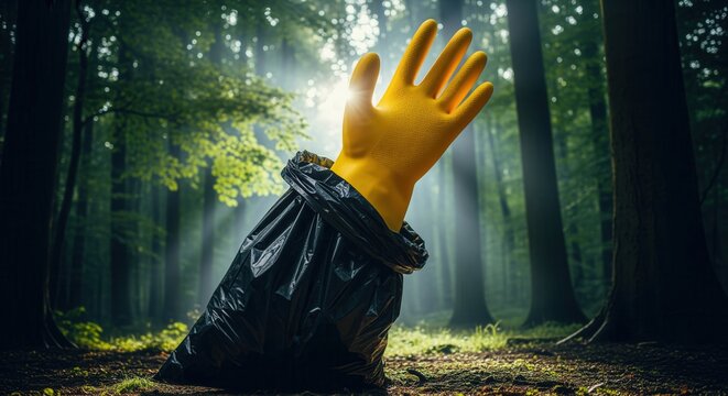 Vibrant yellow industrial glove in a black trash bag in a sunlit forest