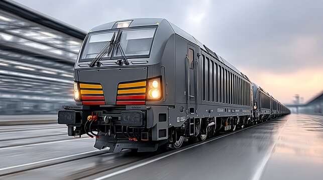 Modern Gray Freight Train Moving on Wet Tracks Under an Overcast Sky Transportation