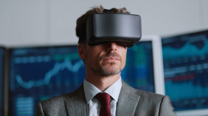 Businessman wearing virtual reality headset analyzing financial data, digital charts in background, modern office, innovative technology, focused expression