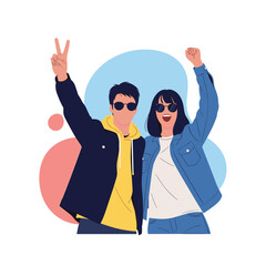 Two young people raising their arms in celebration.