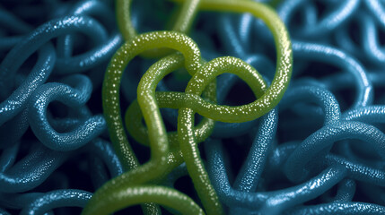 얽힌 고분자 사슬의 빛나는 구조를 보여주는 초현실적 일러스트-A surreal illustration showing the glowing structure of tangled polymer chains