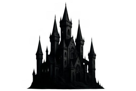 Dark gothic fantasy castle silhouette on transparent background