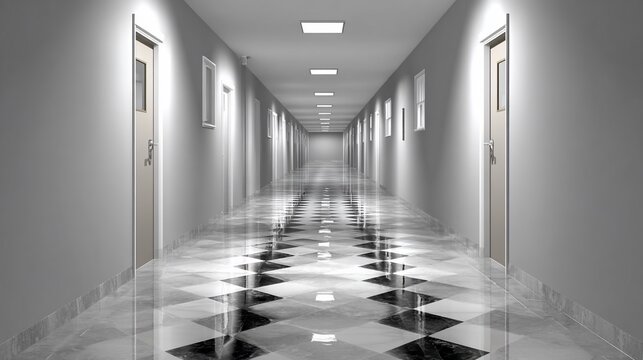 Endless and stark hallway with checkered floor offers a mysterious and infinite view