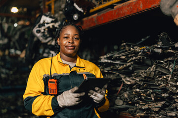 Happy Black African women engineer worker enjoy working in old used machine part stock warehouse.