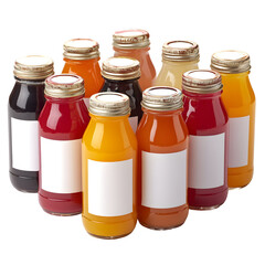 Assortment of glass bottles filled with various colored juices on transparent background