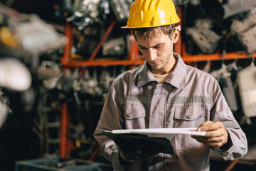 Engineer technician male worker work in old used machine part stock warehouse.
