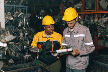 African women with engineer man staff worker working heavy industry old part warehouse
