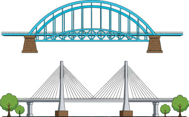Modern bridge illustration, cable-stayed and arch bridge design, civil engineering structure, city infrastructure concept, architecture construction drawing, transportation art
