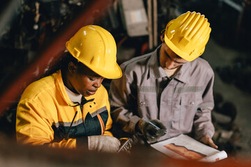 African women with engineer man staff worker working heavy industry old part warehouse